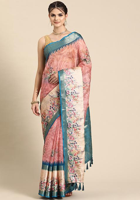 Pink Floral Print Zari Woven Kanjivaram Silk Saree With Blouse