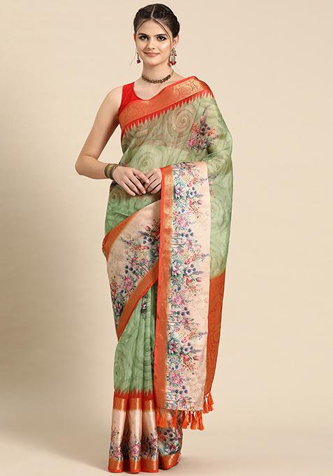Green Floral Print Zari Woven Kanjivaram Silk Saree With Blouse