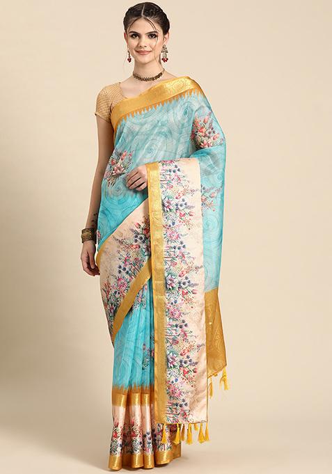 Sky Blue Floral Print Zari Woven Kanjivaram Silk Saree With Blouse