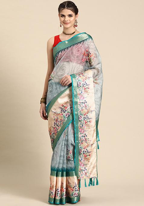 Teal Floral Print Zari Woven Kanjivaram Silk Saree With Blouse