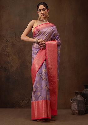 Lavender Floral Print Zari Work Chanderi Kalamkari Art Silk Saree With Blouse