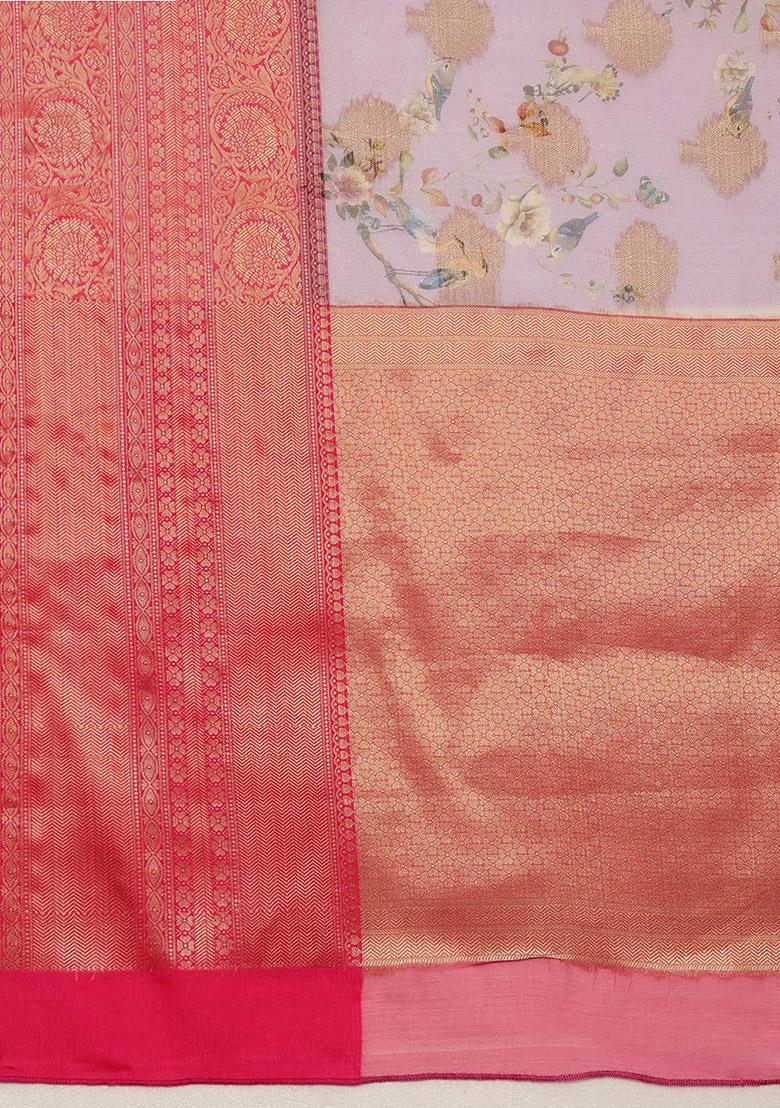 Lavender Floral Print Zari Work Chanderi Kalamkari Art Silk Saree With Blouse - Indya