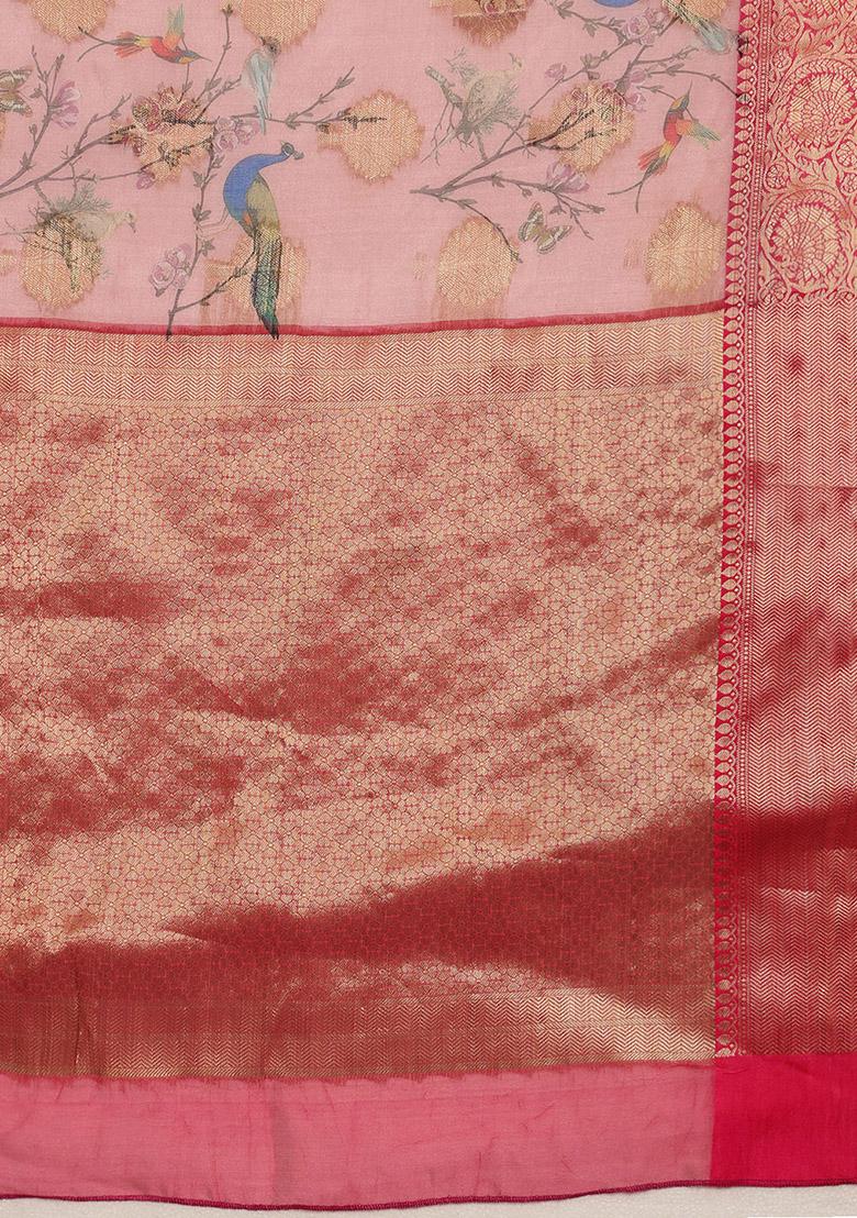 Light Pink Floral Print Zari Work Chanderi Kalamkari Art Silk Saree With Blouse - Indya