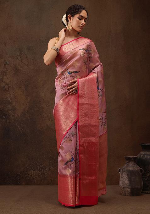 Light Pink Floral Print Zari Work Chanderi Kalamkari Art Silk Saree With Blouse