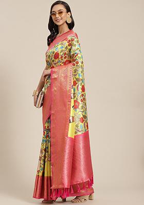 Lime Green Digital Print Zari Work Banarasi Art Silk Saree With Blouse