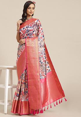 White Digital Print Zari Work Banarasi Art Silk Saree With Blouse