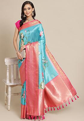 Teal Digital Print Zari Work Banarasi Art Silk Saree With Blouse