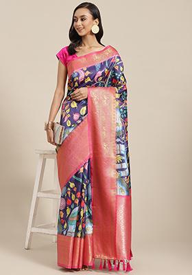 Navy Blue Digital Print Zari Work Banarasi Art Silk Saree With Blouse