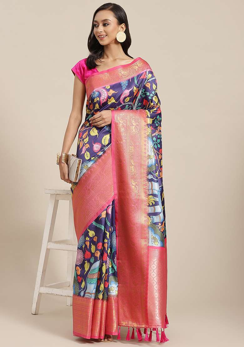 Navy Blue Digital Print Zari Work Banarasi Art Silk Blend Saree With Blouse - Indya