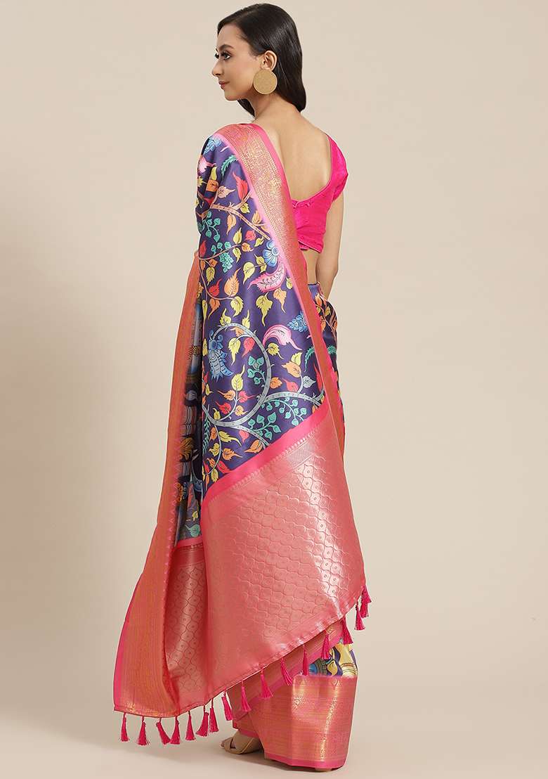 Navy Blue Digital Print Zari Work Banarasi Art Silk Blend Saree With Blouse - Indya