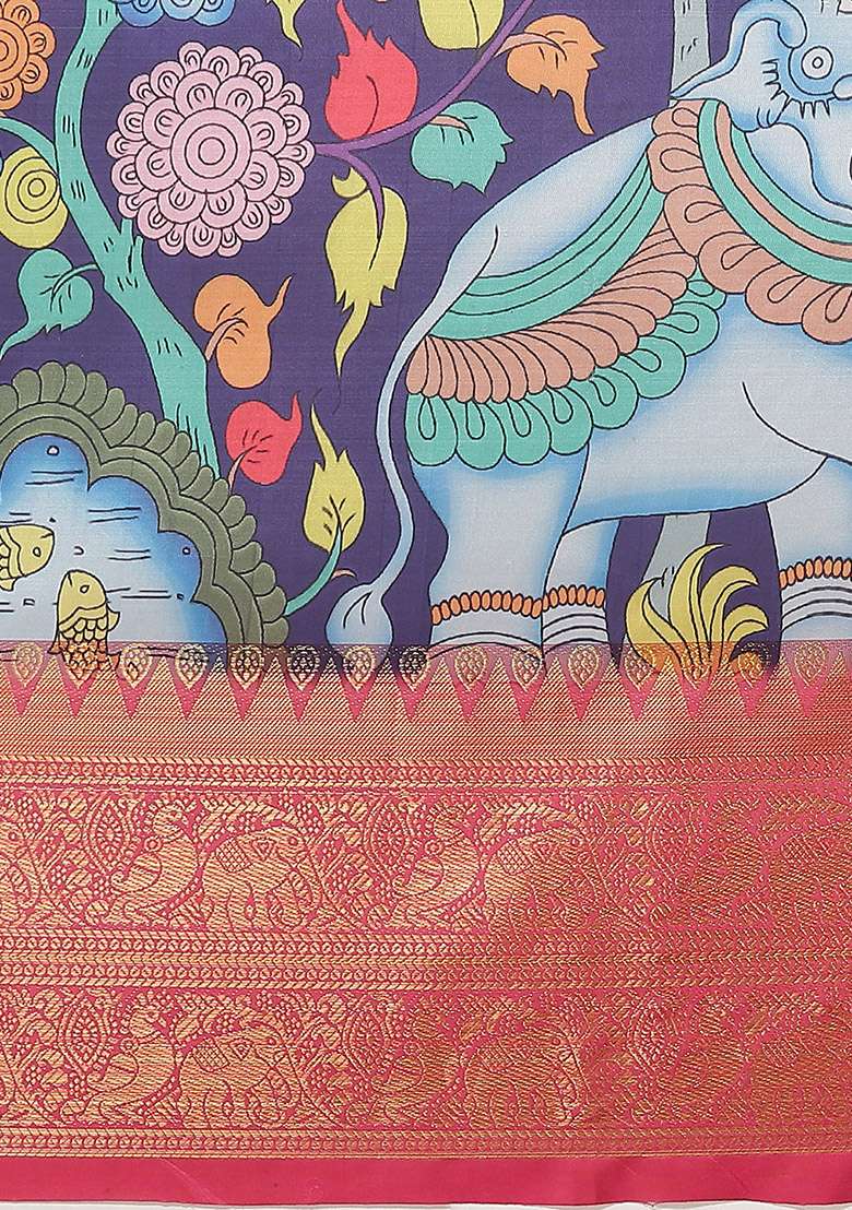 Navy Blue Digital Print Zari Work Banarasi Art Silk Blend Saree With Blouse - Indya
