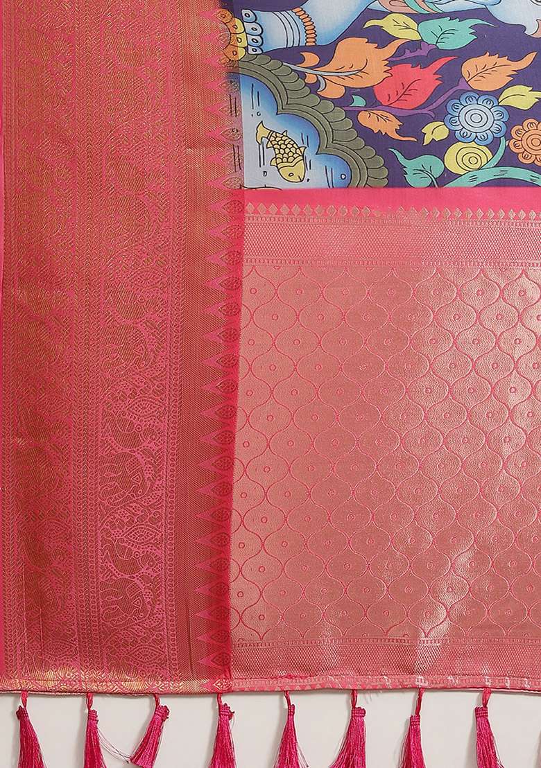 Navy Blue Digital Print Zari Work Banarasi Art Silk Blend Saree With Blouse - Indya