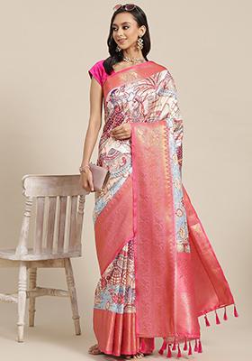 Blue Digital Print Zari Work Banarasi Art Silk Saree With Blouse