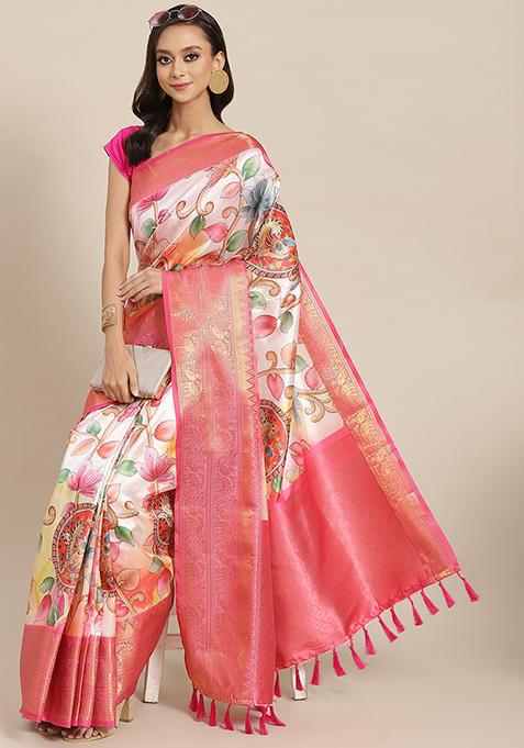 Pink Digital Print Zari Work Banarasi Art Silk Saree With Blouse