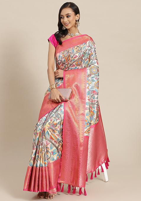 Multicolour Digital Print Zari Work Banarasi Art Silk Saree With Blouse