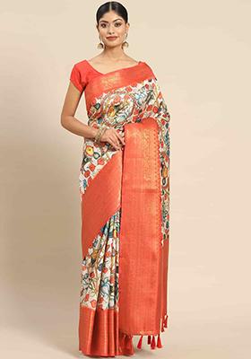 White Digital Print Zari Work Art Silk Saree With Blouse