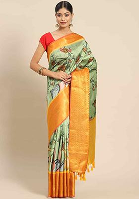 Green Digital Print Zari Work Art Silk Saree With Blouse