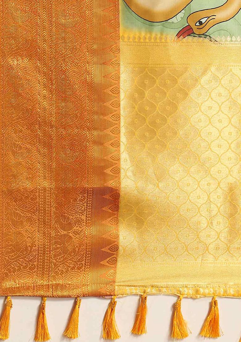 Green Digital Print Zari Work Art Silk Saree With Blouse - Indya