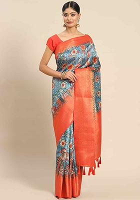 Multicolour Digital Print Zari Work Art Silk Saree With Blouse