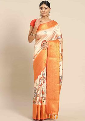 Peach Digital Print Zari Work Art Silk Saree With Blouse