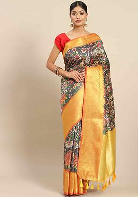 Black Digital Print Zari Work Art Silk Saree With Blouse