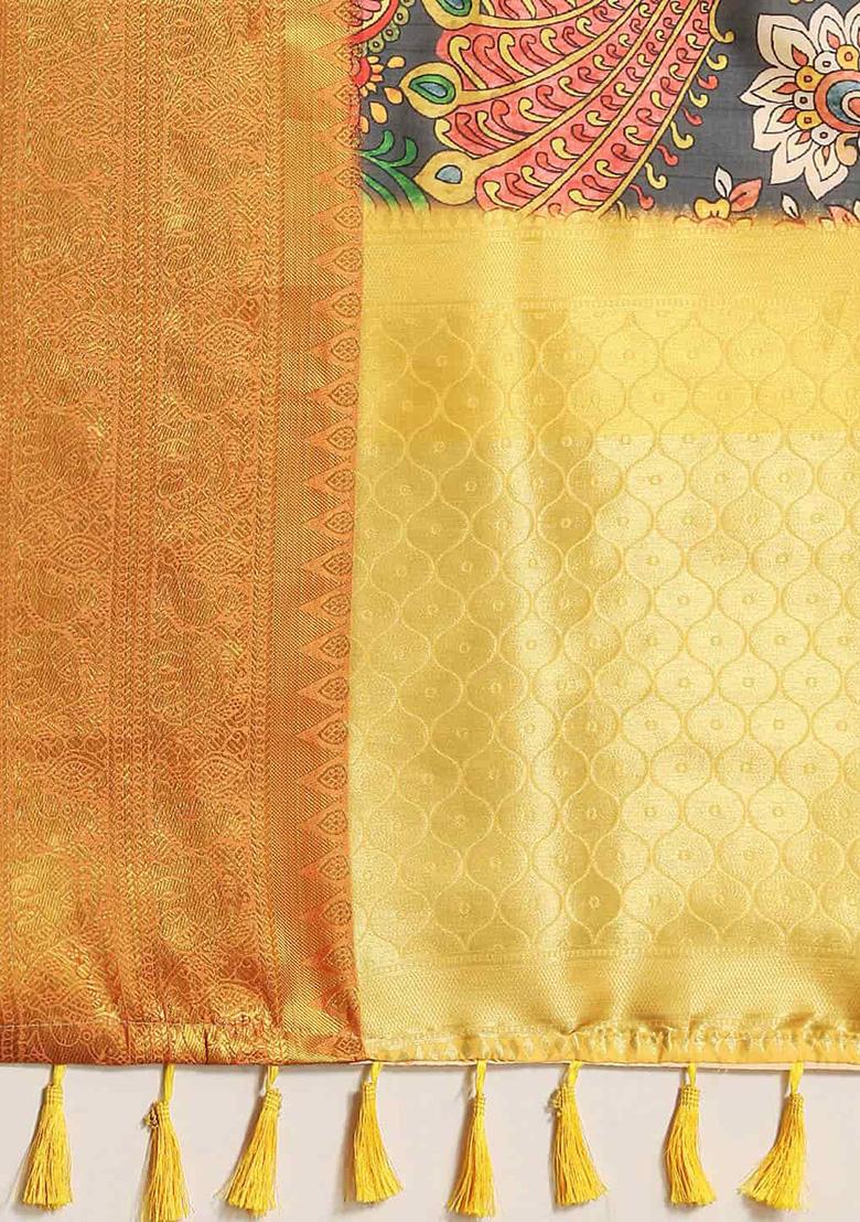 Black Digital Print Zari Work Art Silk Saree With Blouse - Indya