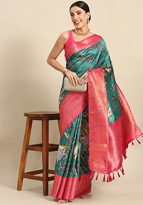 Green Zari Work Art Silk Kalamkari Saree With Blouse