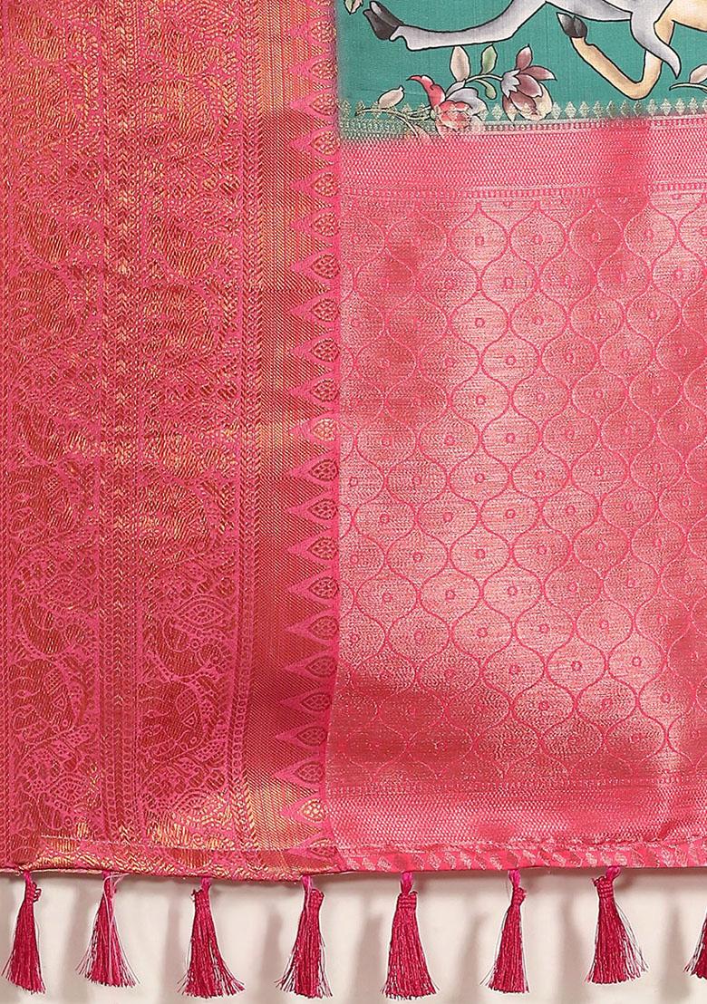 Green Zari Work Art Silk Kalamkari Saree With Blouse - Indya