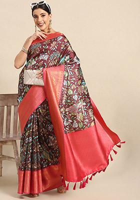 Brown Zari Art Silk Kalamkari Saree With Blouse