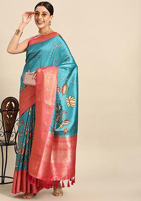 Teal Zari Work Art Silk Kalamkari Saree With Blouse