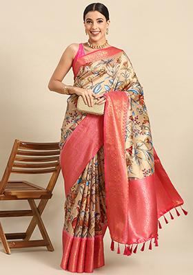 Beige Zari Work Art Silk Kalamkari Saree With Blouse