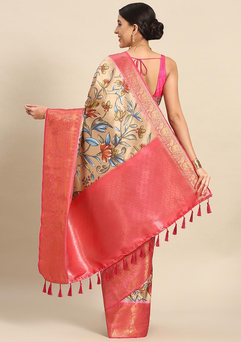 Beige Zari Work Art Silk Kalamkari Saree With Blouse - Indya