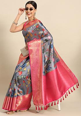 Grey Zari Work Art Silk Kalamkari Saree With Blouse