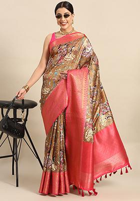 Brown Zari Work Art Silk Kalamkari Saree With Blouse