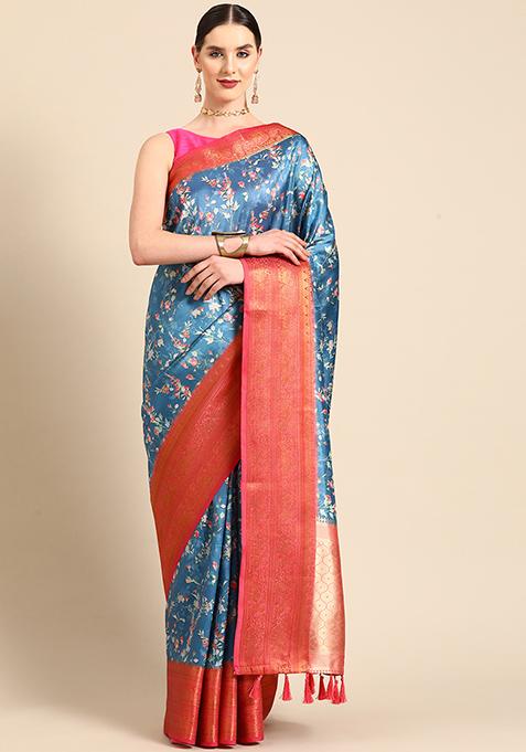 Turquoise Blue Digital Print Zari Work Soft Silk Saree With Blouse