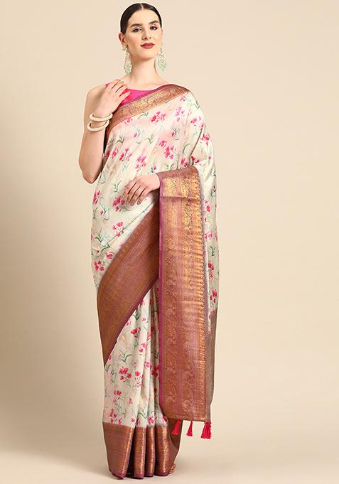 Beige Digital Print Zari Woven Soft Silk Saree With Blouse