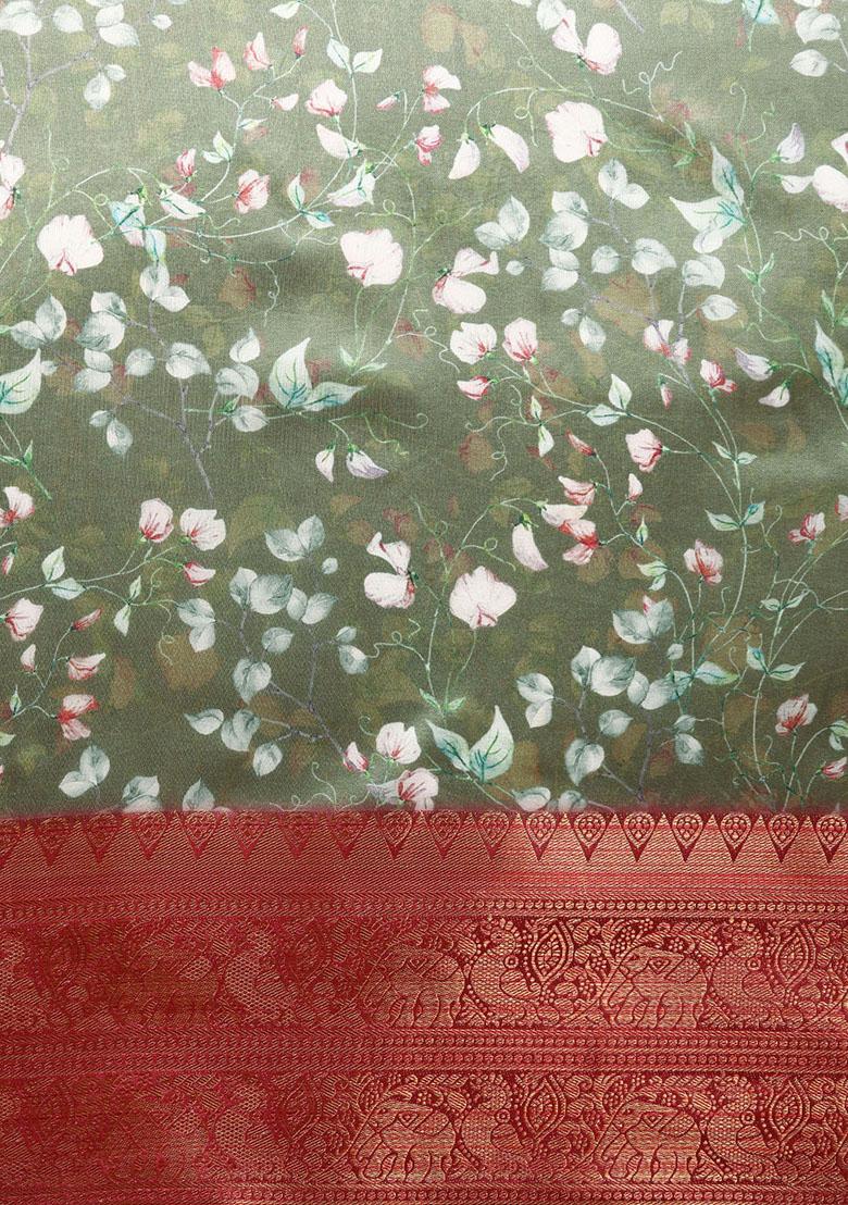 Mehendi Green Digital Print Zari Work Soft Silk Saree With Blouse - Indya