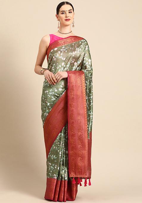 Mehendi Green Digital Print Zari Work Soft Silk Saree With Blouse