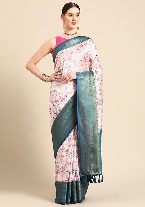 Light Pink Digital Print Zari Work Soft Silk Saree With Blouse