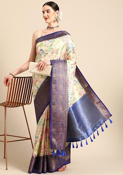 Multicolour Digital Printed Zari Woven Soft Silk Saree With Blouse
