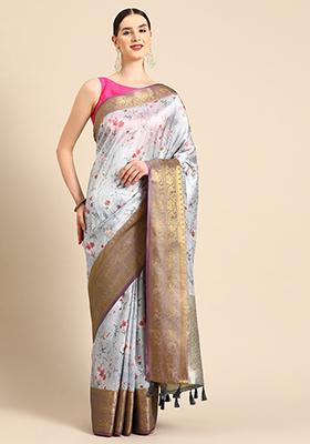 Grey Digital Print Zari Work Soft Silk Saree With Blouse