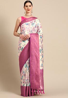 Off White Digital Print Zari Work Soft Silk Saree With Blouse