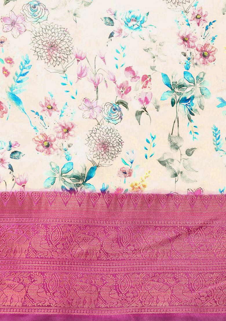 Off White Digital Print Zari Work Soft Silk Saree With Blouse - Indya