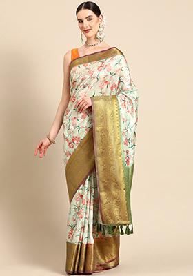 Parrot Green Digital Print Zari Work Soft Silk Saree With Blouse
