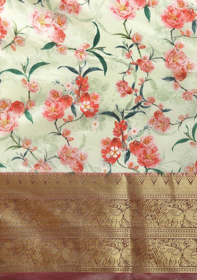 Parrot Green Digital Print Zari Work Soft Silk Saree With Blouse - Indya