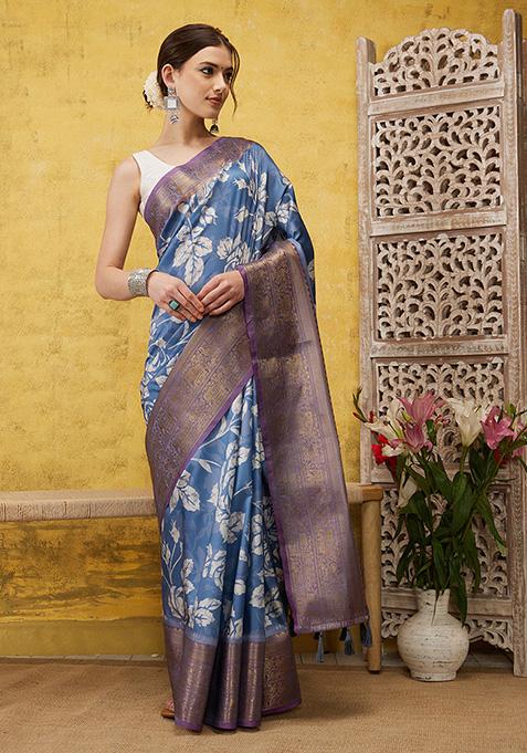 Blue Floral Print Zari Work Kanjivaram Soft Silk Saree With Blouse