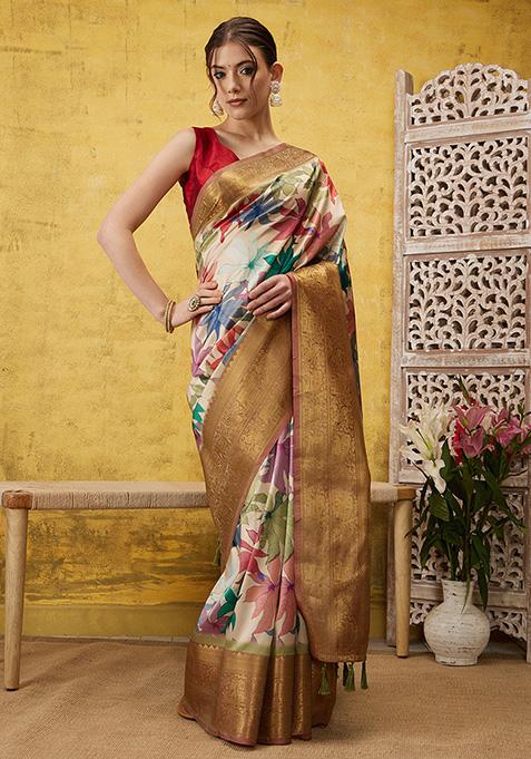 Beige Floral Print Zari Work Kanjivaram Soft Silk Saree With Blouse