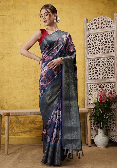 Navy Blue Floral Print Zari Work Kanjivaram Soft Silk Saree With Blouse