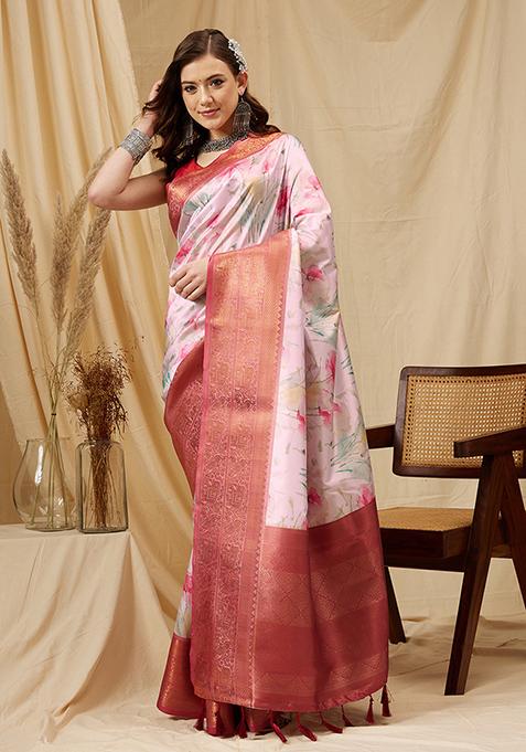 Pink Floral Print Zari Work Kanjivaram Soft Silk Saree With Blouse
