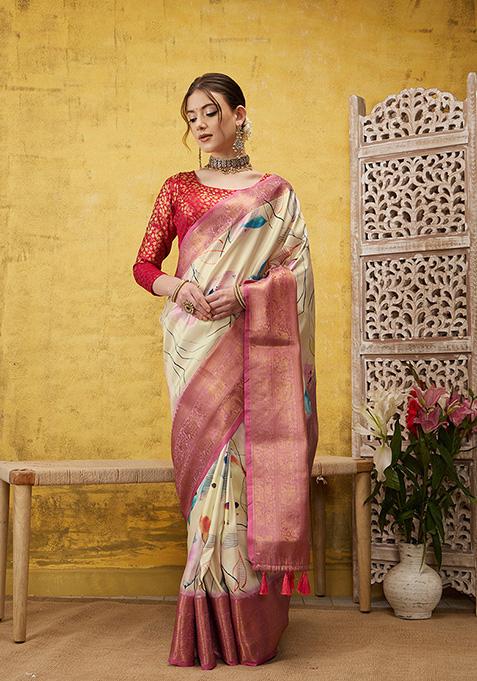 Multicolour Floral Print Zari Work Kanjivaram Soft Silk Saree With Blouse